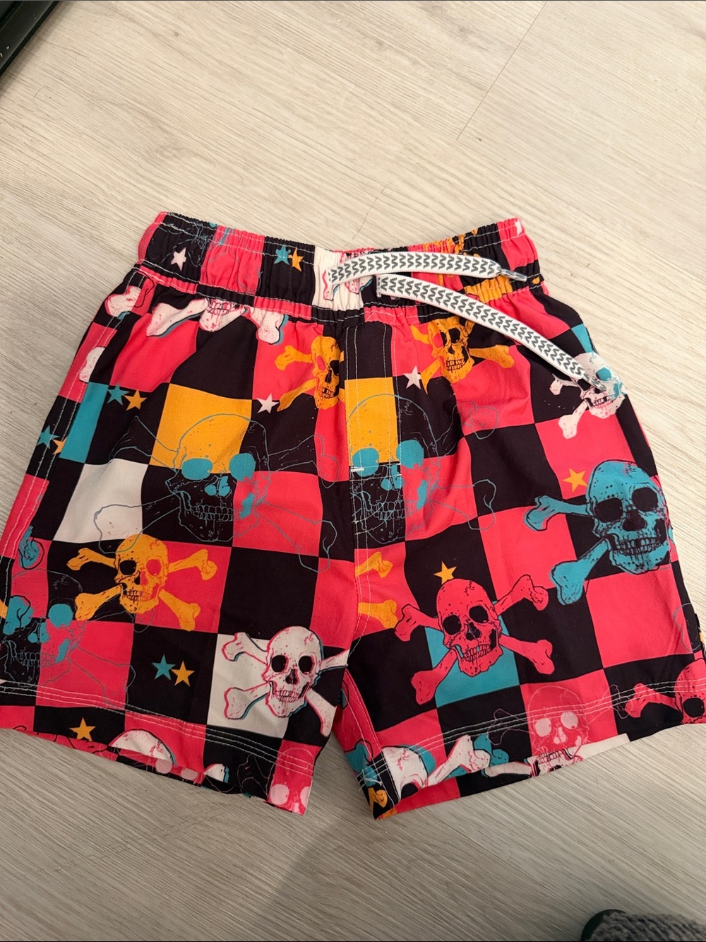 Kids Skull-Check Swim Trunks with Drawstring - Pink, Black, Teal, Yellow